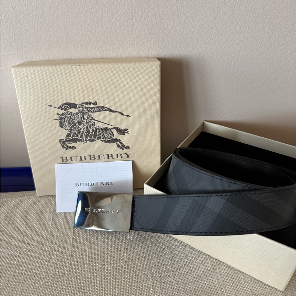 Burberry Gray and Black Check Leather Belt with Silver Buckle